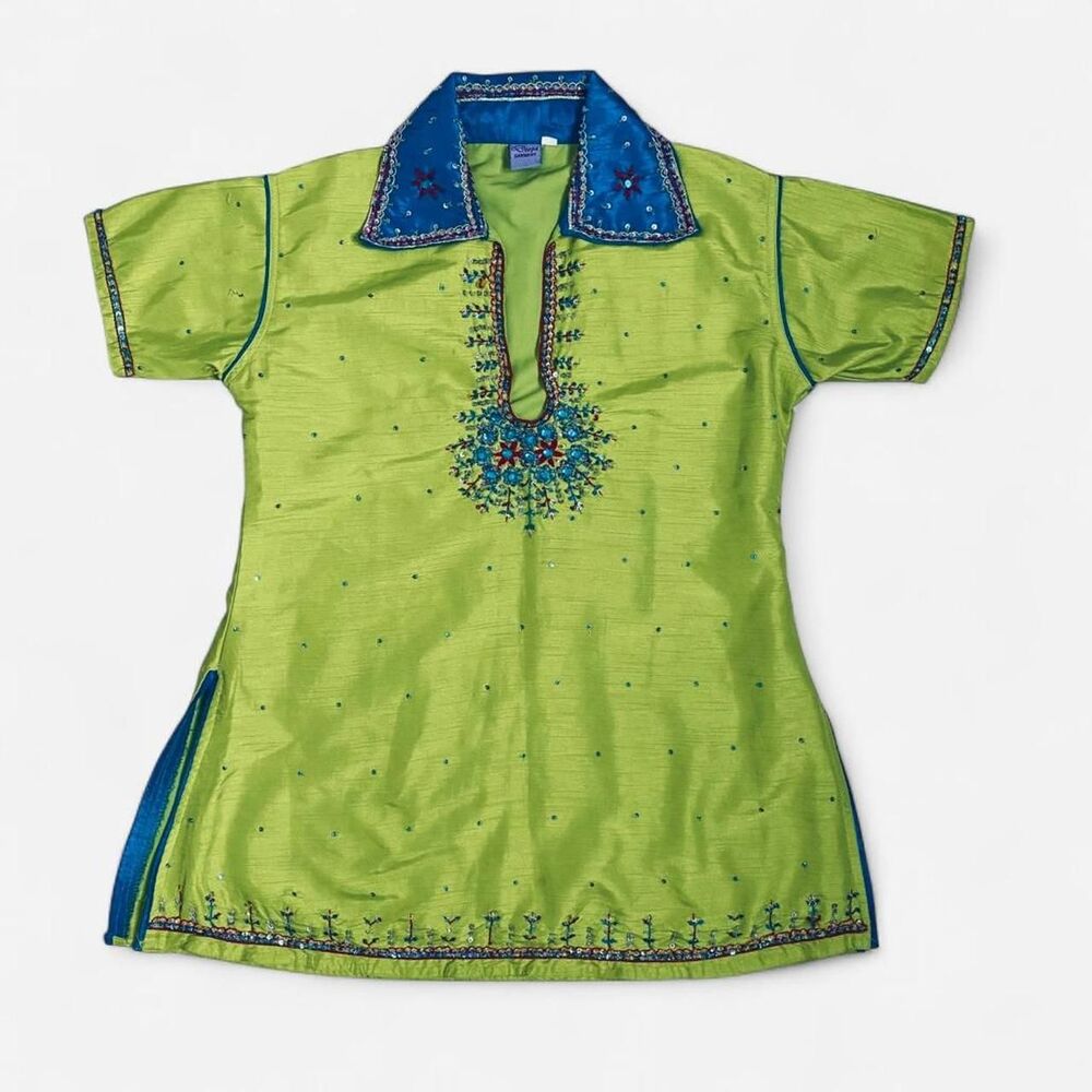 Deepa Lime Green Silk Kurta Tunic with Embroidered Blue Jeweled Floral Collar S